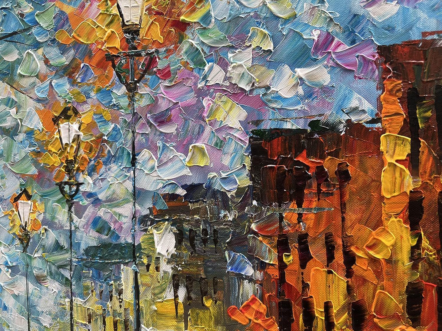 This appears to be an artistic painting or decorative artwork, not a product image. It shows a colorful impressionist-style scene with buildings and street…