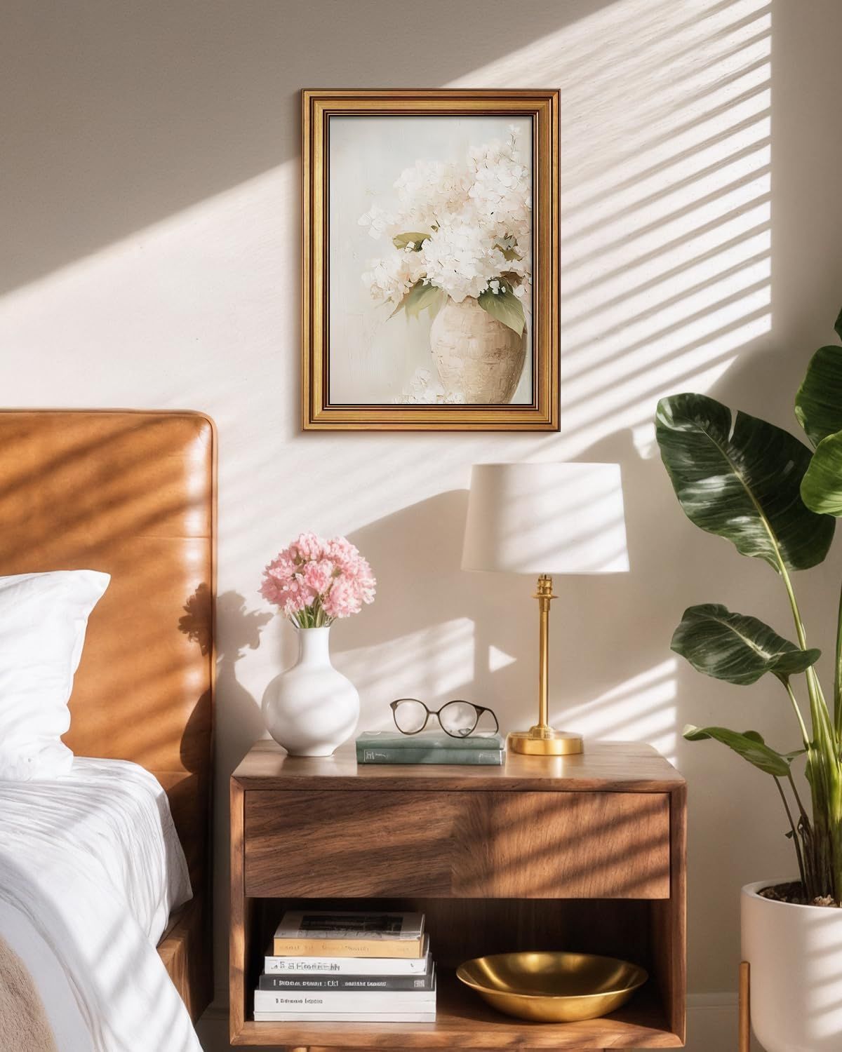 Demonstrates how the framed artwork integrates beautifully into a real bedroom setting, helping shoppers visualize the product in their own home environment.