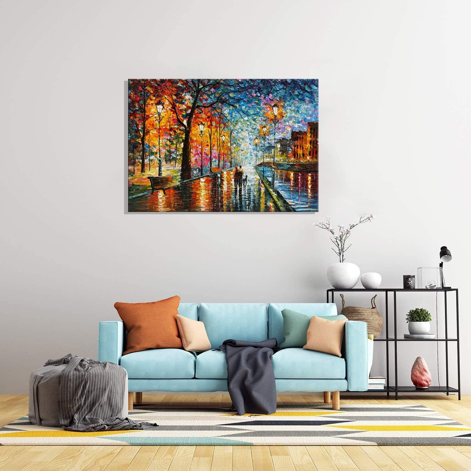 Demonstrates how the canvas art product looks when displayed in a real living room setting, helping shoppers visualize the product in their own home…