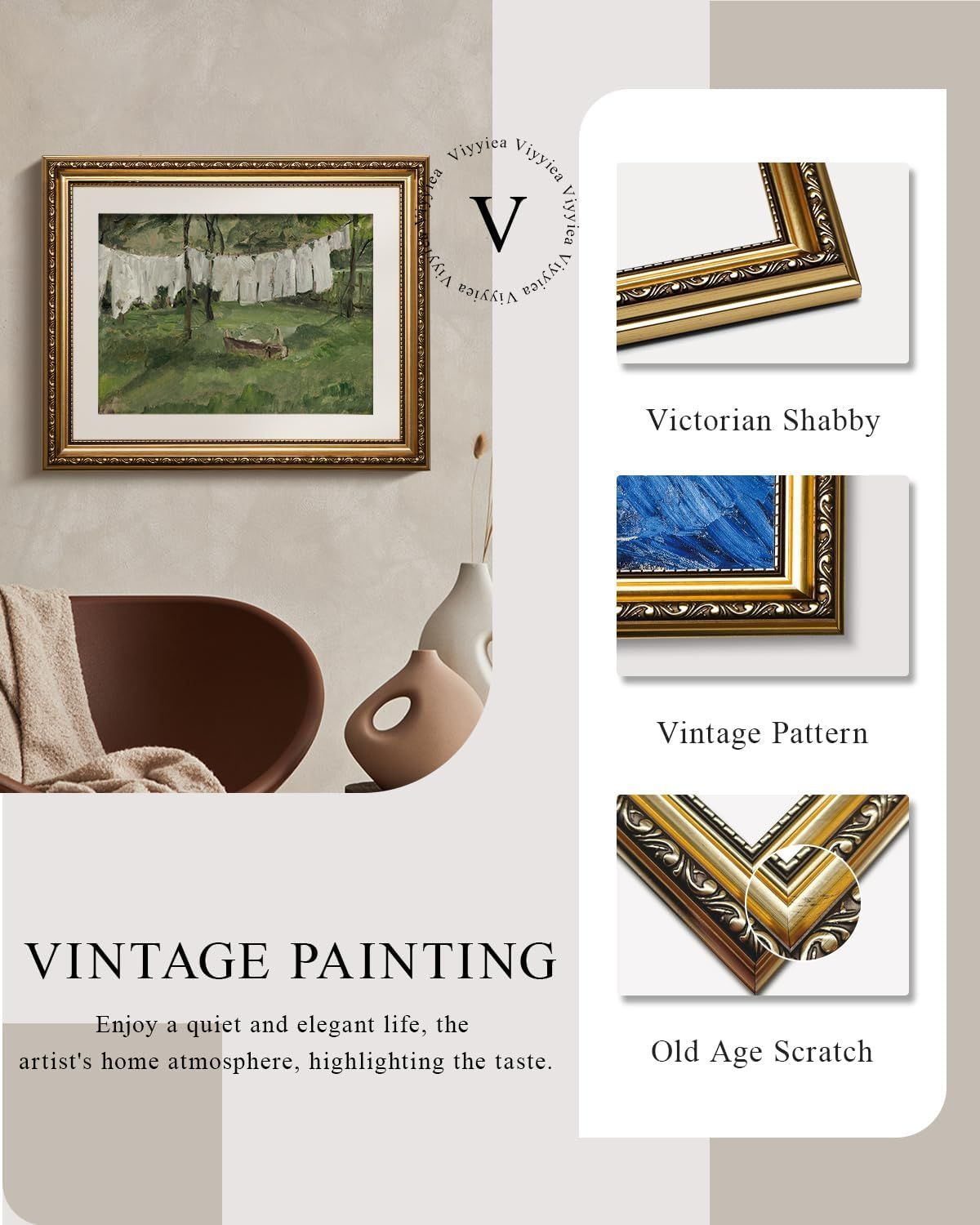 Showcases the brand's product portfolio of vintage-style picture frames, helping shoppers understand the different frame style options available (Victorian Shabby, Vintage Pattern, Old Age Scratch)…
