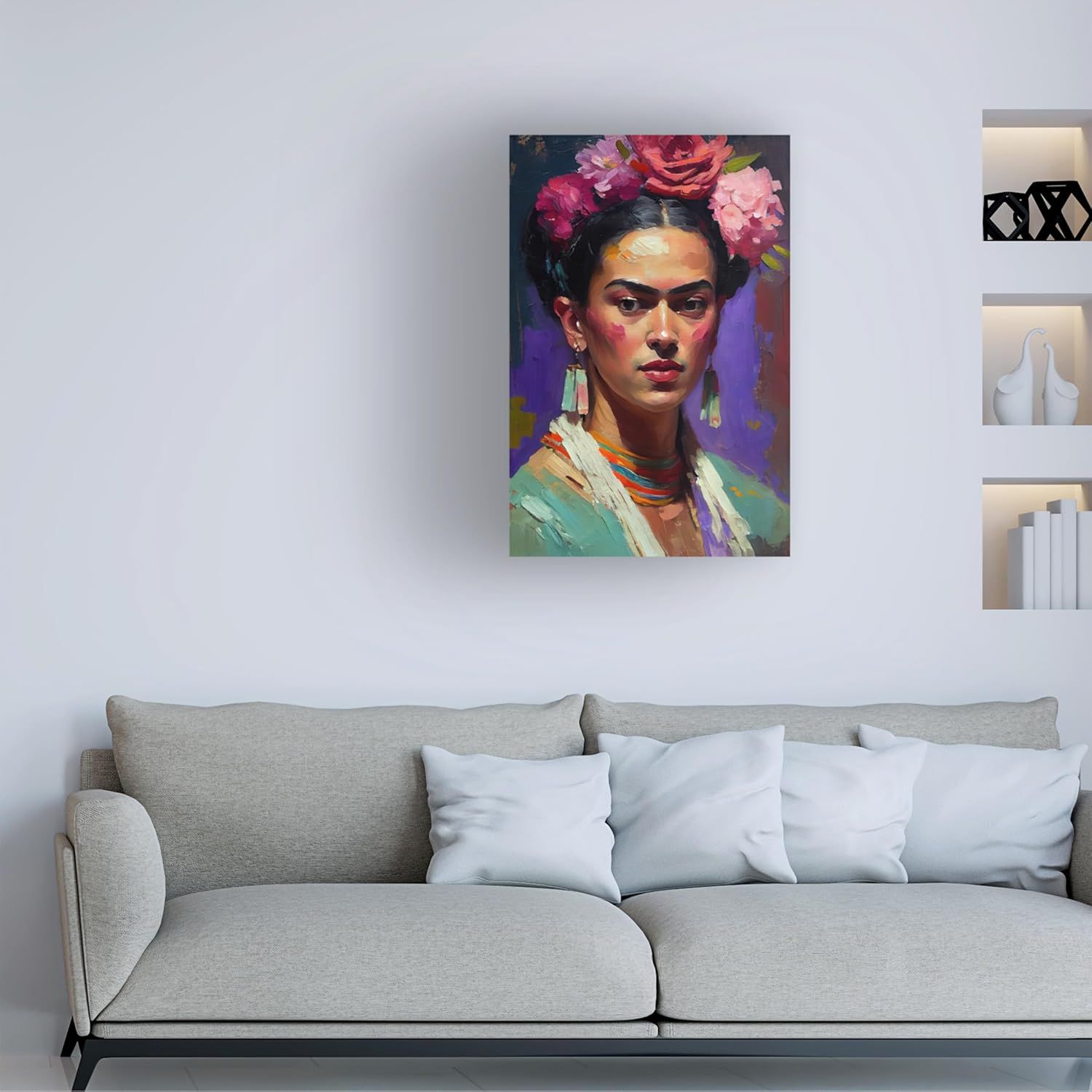 Demonstrates how the artwork looks when displayed in a real-world living space, helping shoppers visualize the product in their own home environment.