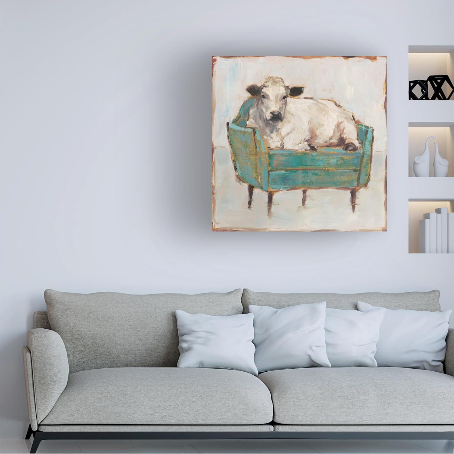 Demonstrates how the product (wall art/canvas print) looks when displayed in a real-world living room setting to help shoppers visualize it in their own home.