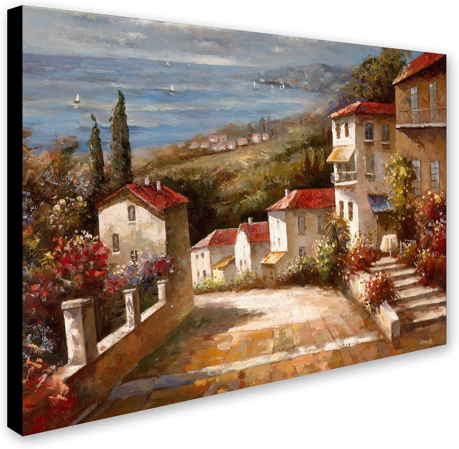 Showcases the product as decorative wall art in a lifestyle context, depicting a serene Mediterranean village with ocean views to evoke aesthetic appeal and…