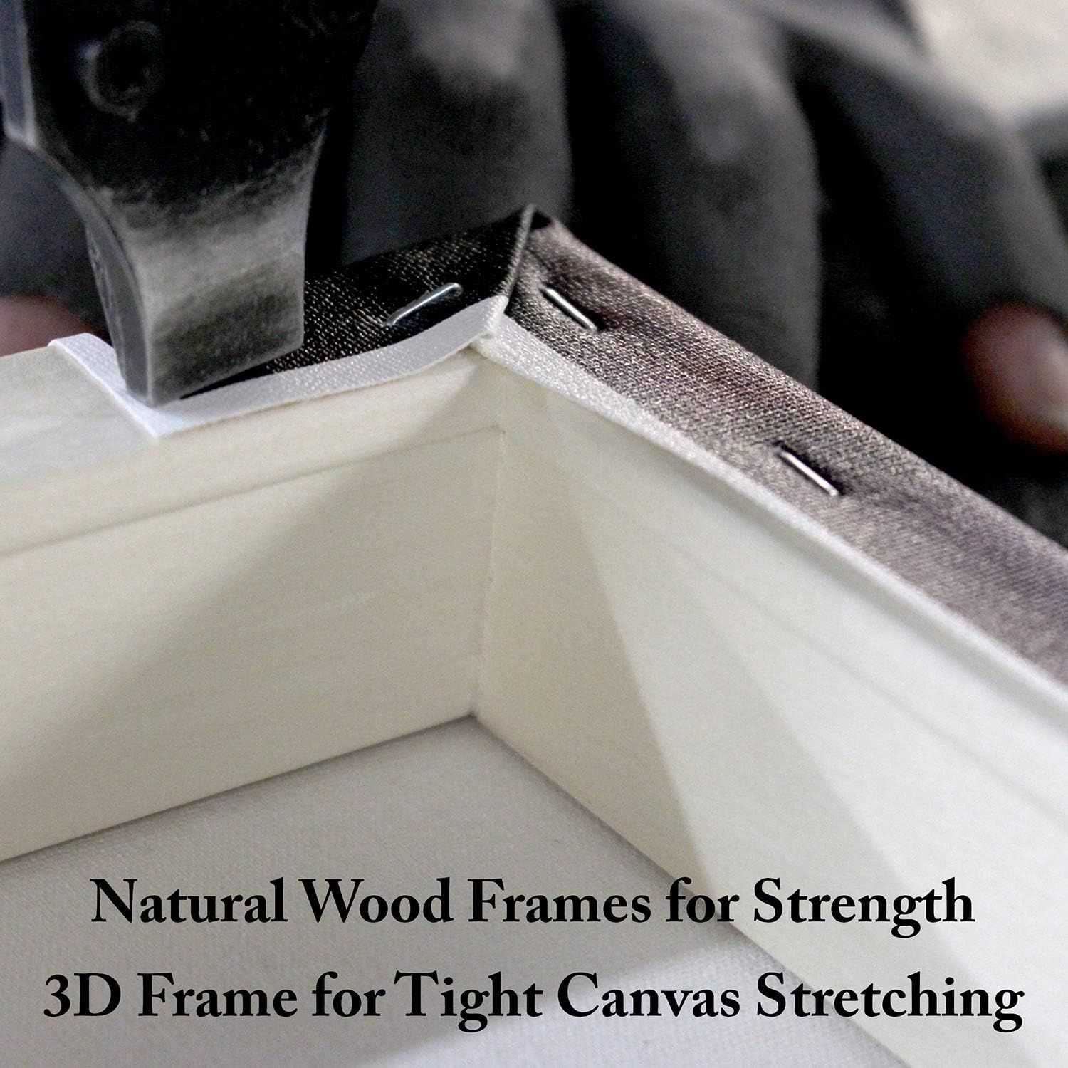 Highlights the product's premium natural wood frame construction and 3D design that ensures tight canvas stretching, reassuring shoppers of quality and…