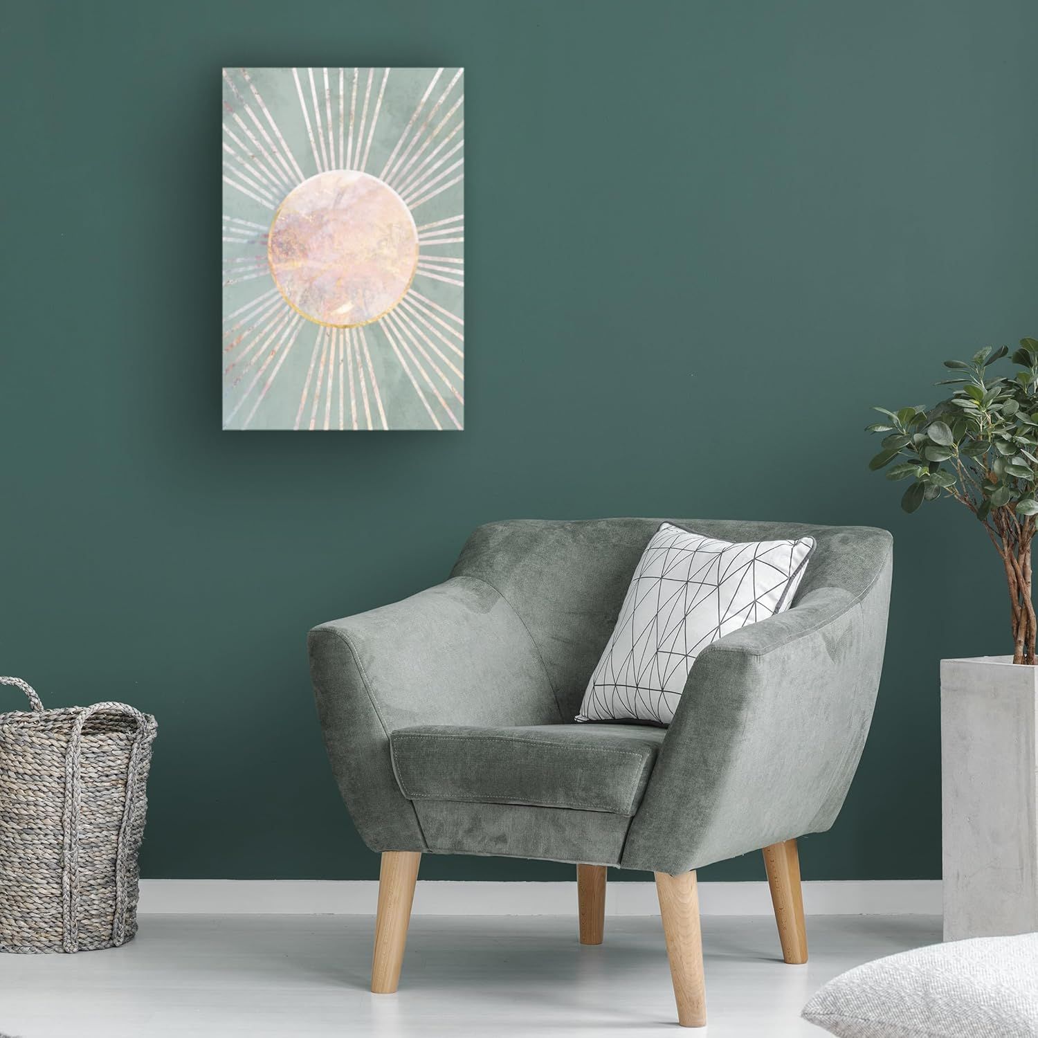 Demonstrates how the product (wall art) looks when displayed in a real-world living space to help shoppers visualize it in their own home.