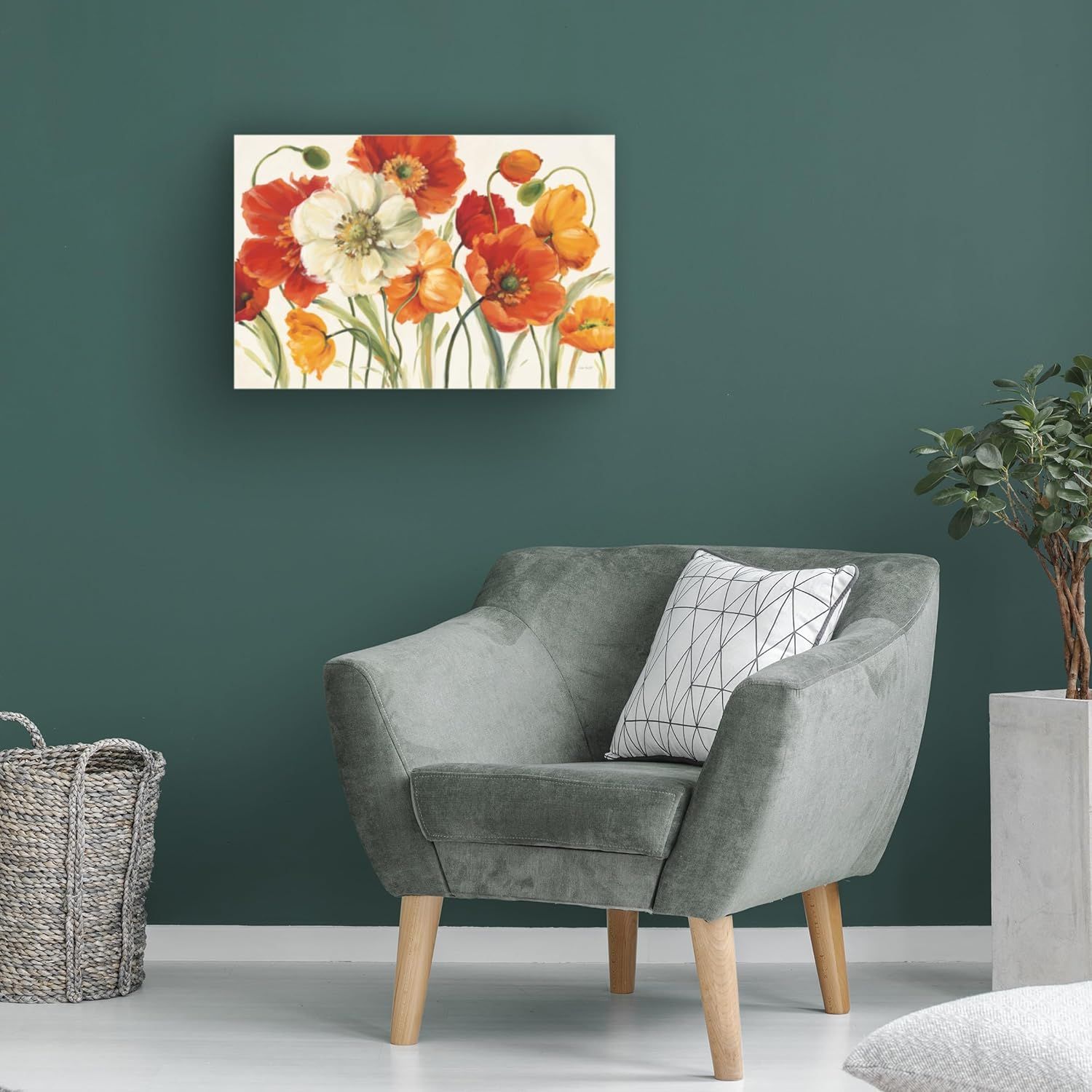 Demonstrates how the product (floral canvas wall art) looks when displayed in a real home setting to help shoppers visualize it in their own space.