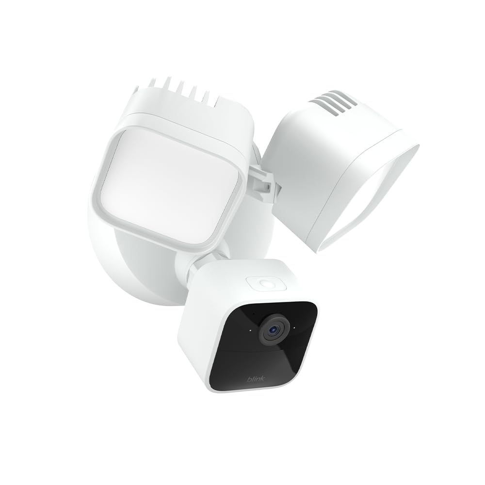 Displays the security camera with integrated floodlights on a clean white background to show the product design and components clearly.