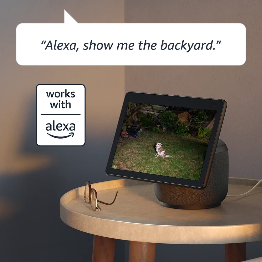 Demonstrates the product's voice-activated capability with Alexa to view camera feeds, reassuring shoppers of seamless smart home integration and hands-free…