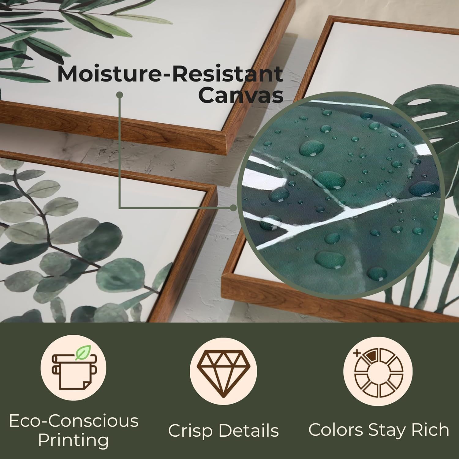 Communicates multiple product benefits in a segmented layout, highlighting the canvas's moisture resistance, eco-friendly printing, detail quality, and color longevity to reassure shoppers of the…