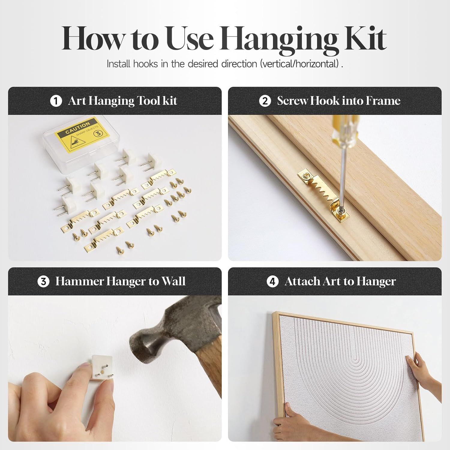 Provides clear step-by-step instructions on how to install and hang artwork using the included hanging kit, reassuring shoppers that setup is straightforward and manageable.