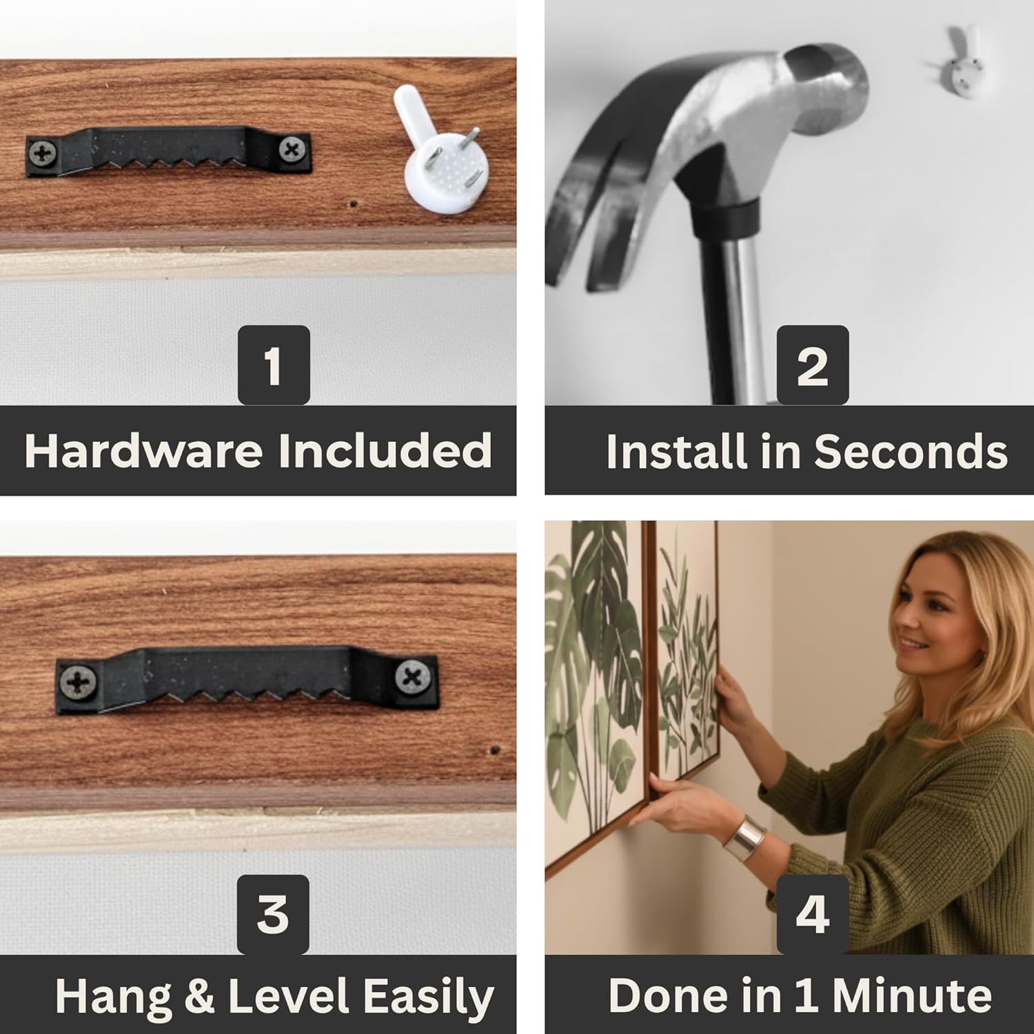 Demonstrates the simple 4-step installation process to reassure shoppers that the product can be hung quickly and easily without professional help. Highlights multiple benefits in a segmented layout…