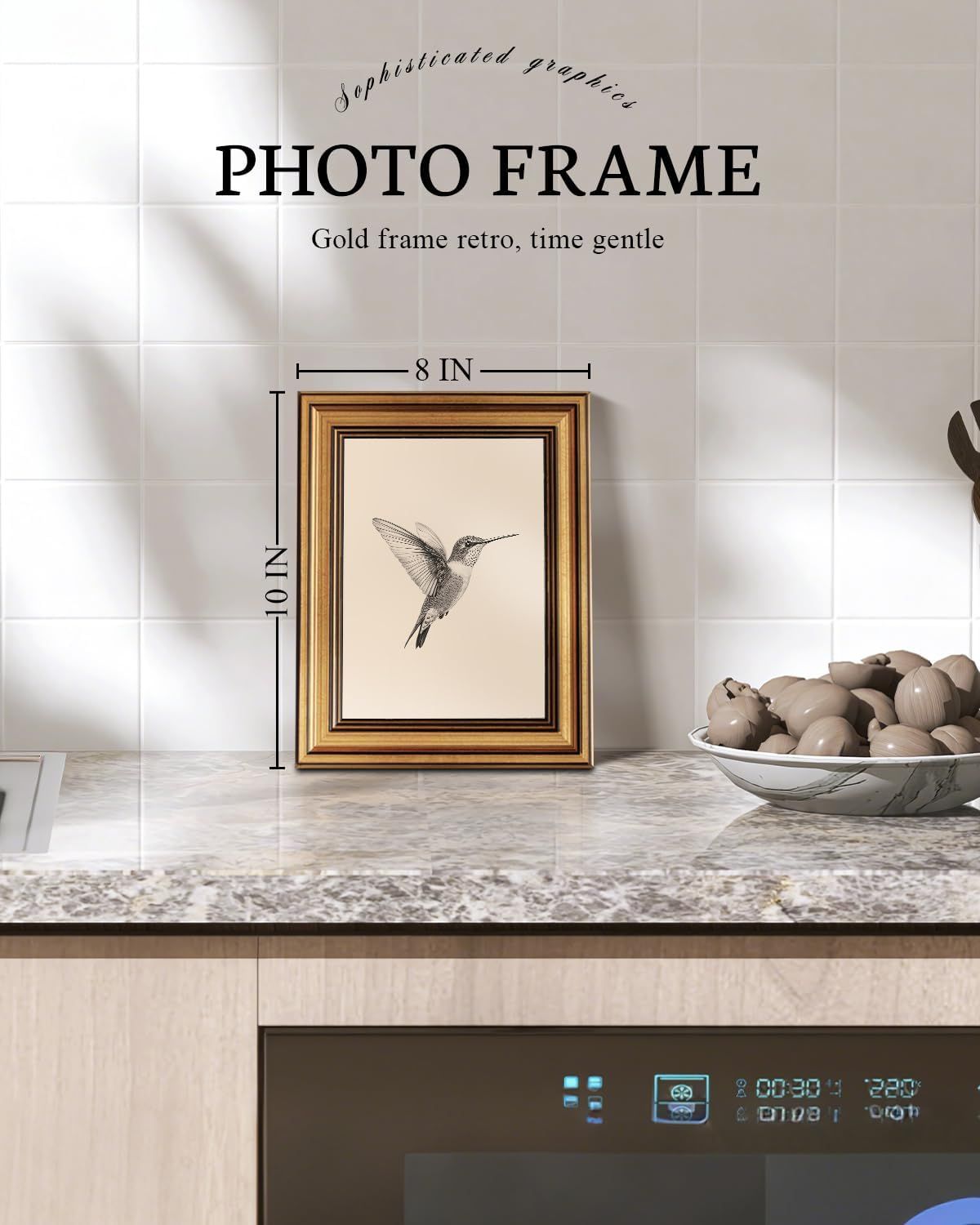 Communicates the exact physical dimensions of the photo frame (8 inches by 10 inches) to help shoppers understand the size before purchase.