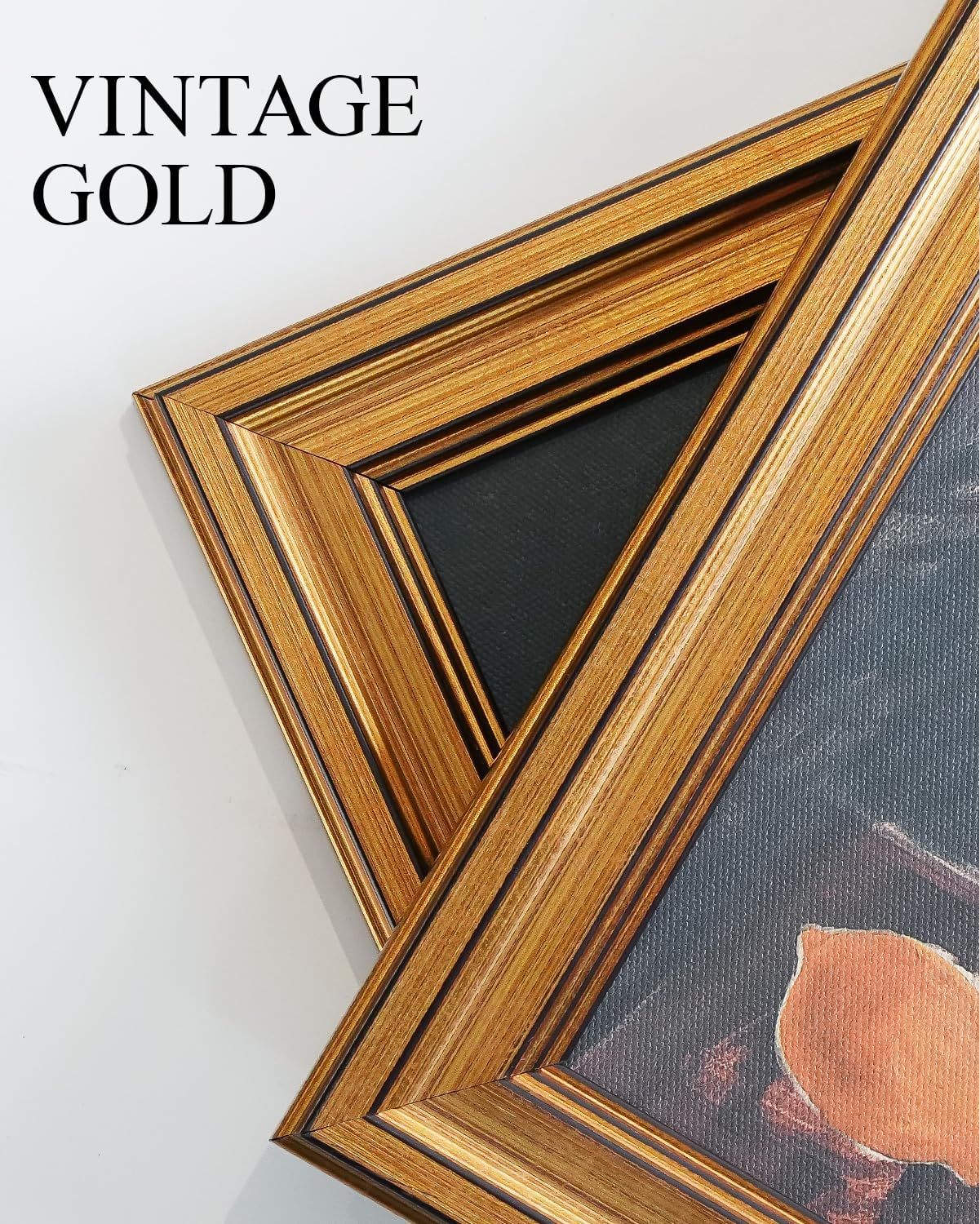 Showcases the decorative vintage gold frame finish to communicate the product's aesthetic appeal and premium quality for shoppers looking for elegant framing…