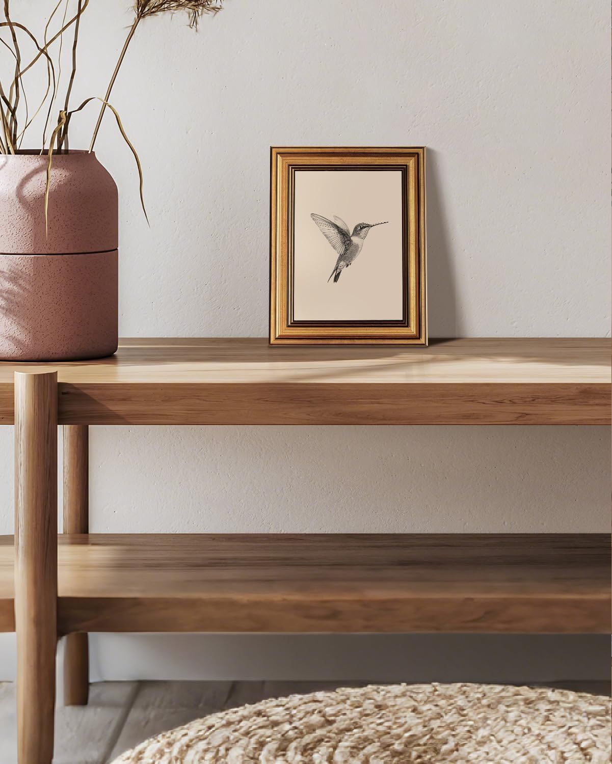 Demonstrates how the framed artwork integrates beautifully into a real-world home setting, helping shoppers visualize the product in their own space.