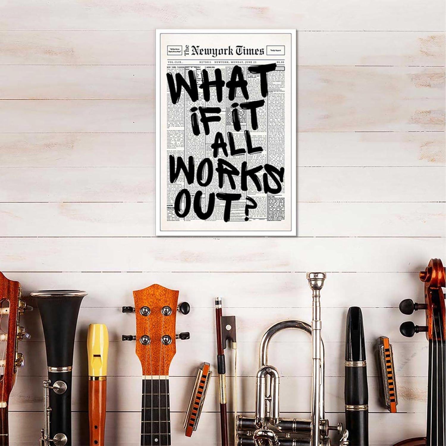 Showcases the product (motivational poster/wall art) in a real-world lifestyle setting to help shoppers visualize how it would look displayed in their own…