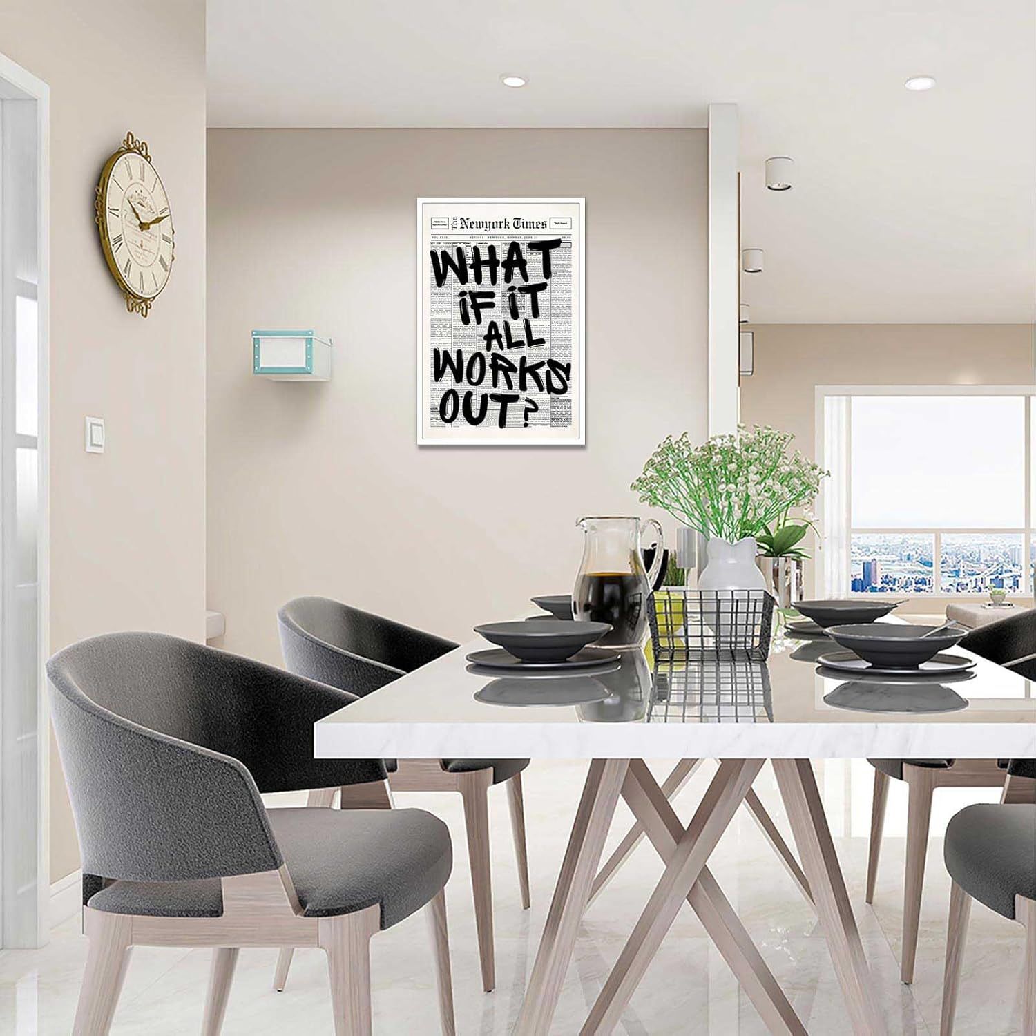 Demonstrates how the product (wall art/poster) looks when displayed in a real-world dining room setting, helping shoppers visualize it in their own home.