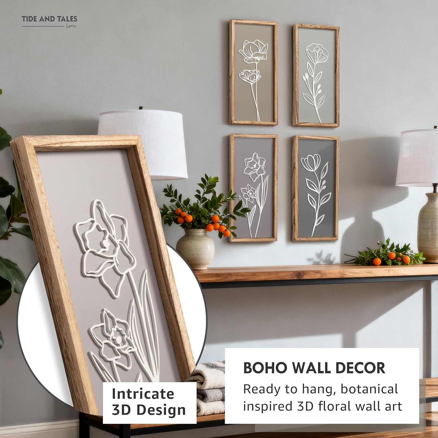 Communicates multiple selling benefits of the wall decor including its intricate 3D design, ready-to-hang convenience, and botanical aesthetic to appeal to home decor shoppers.