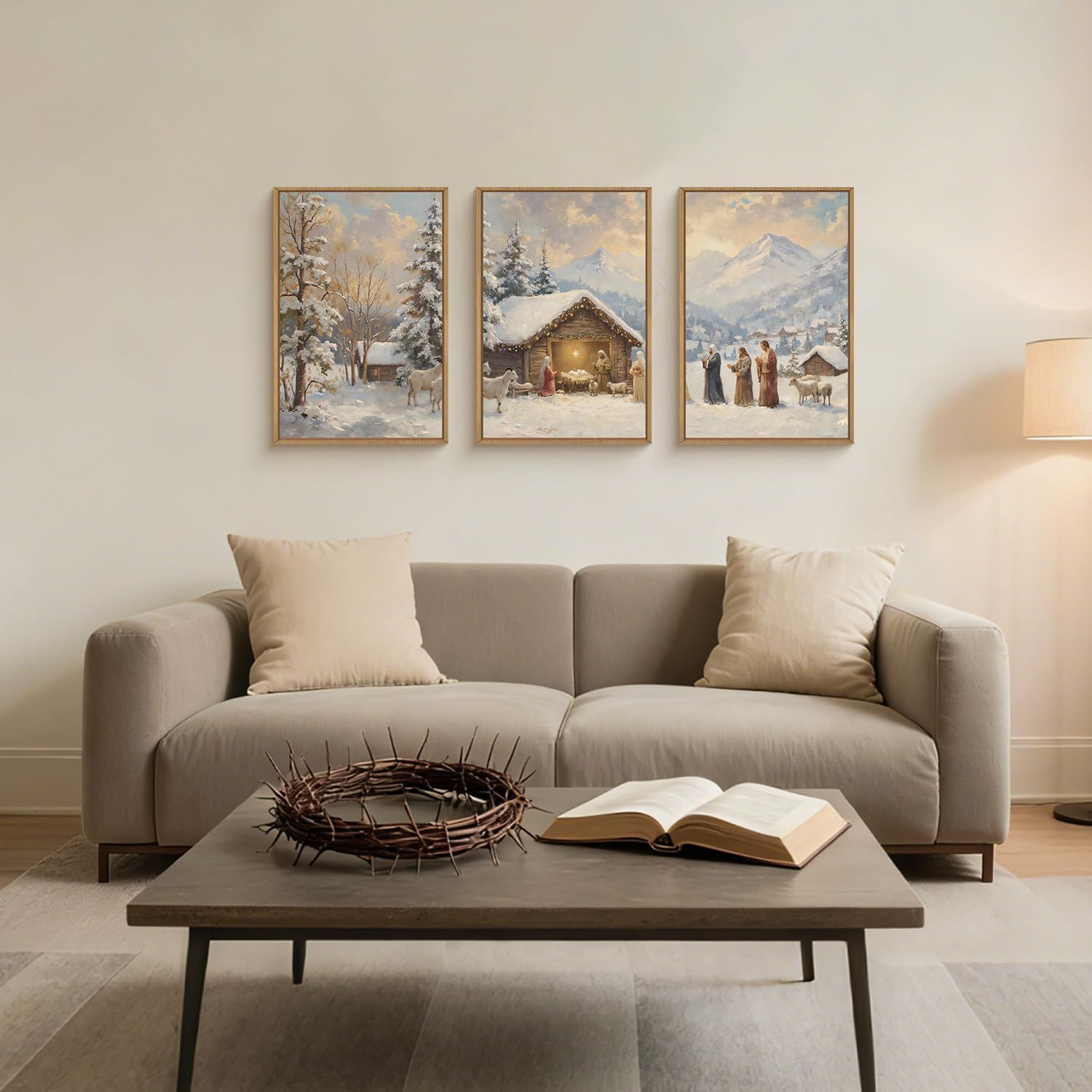 Demonstrates how the product (framed winter/nativity artwork) looks when displayed in a real home setting, helping shoppers visualize the product in their own…