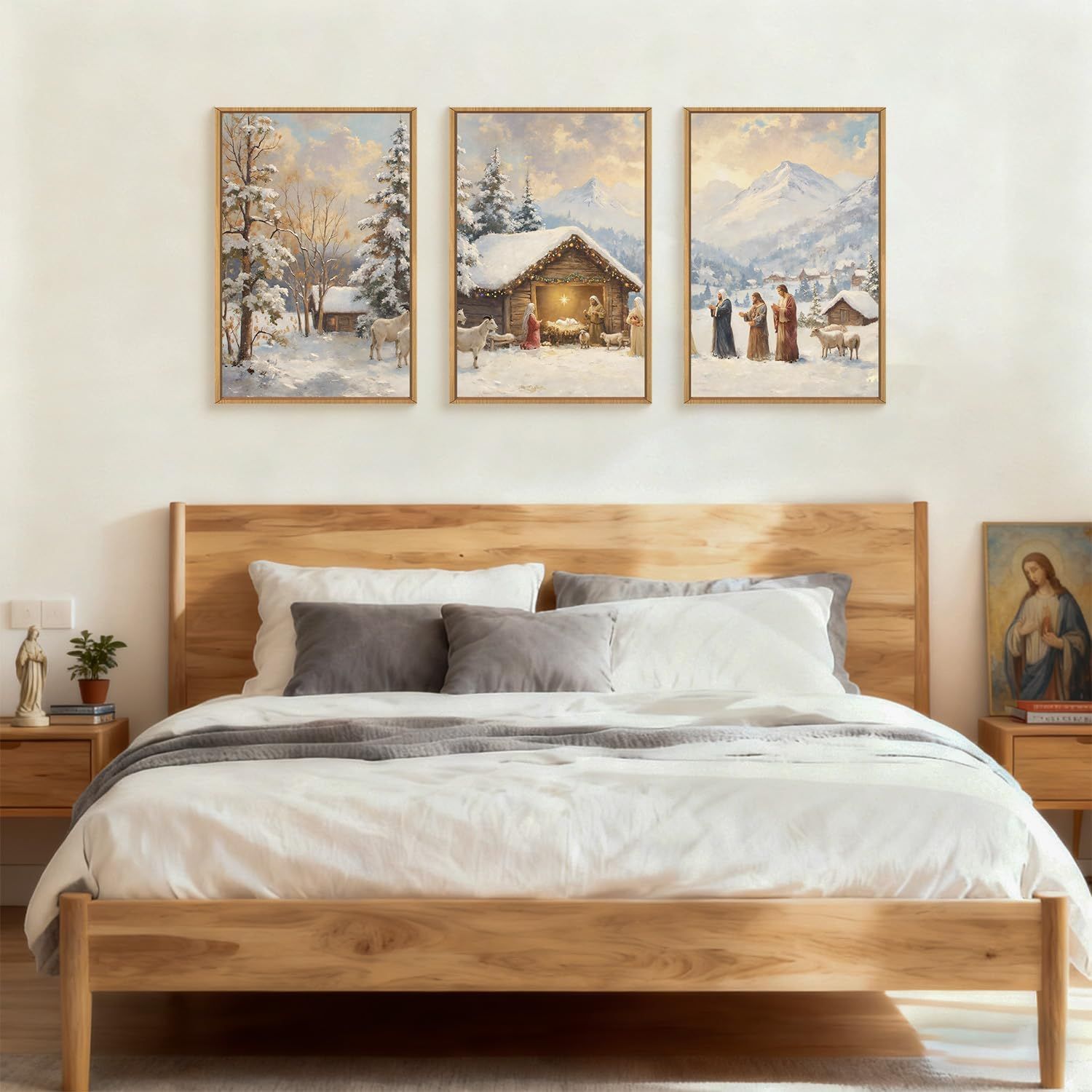 Demonstrates how the product (framed artwork) looks when displayed in a real-world bedroom environment, helping shoppers visualize the product in their own…