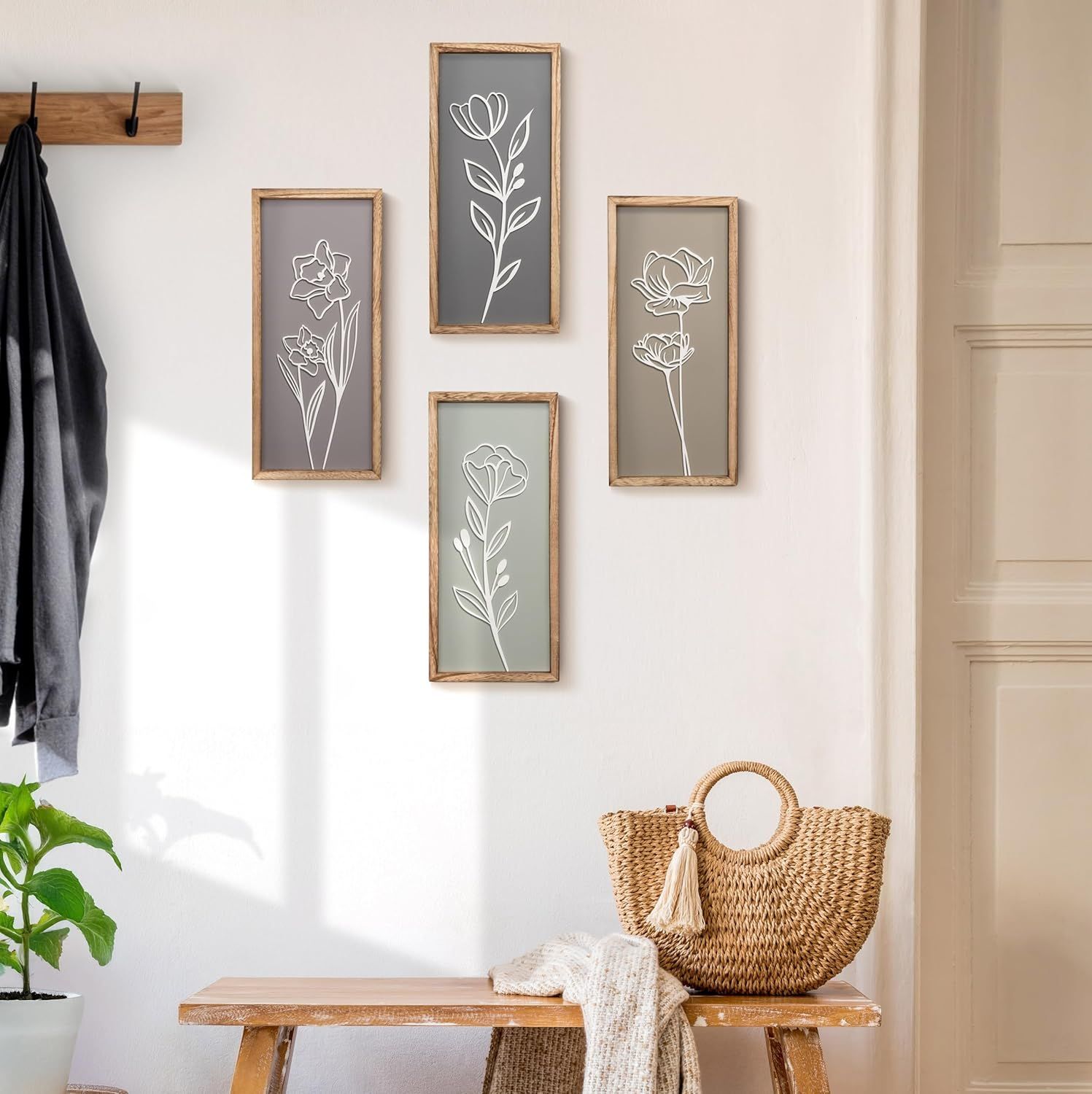 Demonstrates how the framed floral art pieces look when styled in a real home environment, helping shoppers visualize the product in their own space.