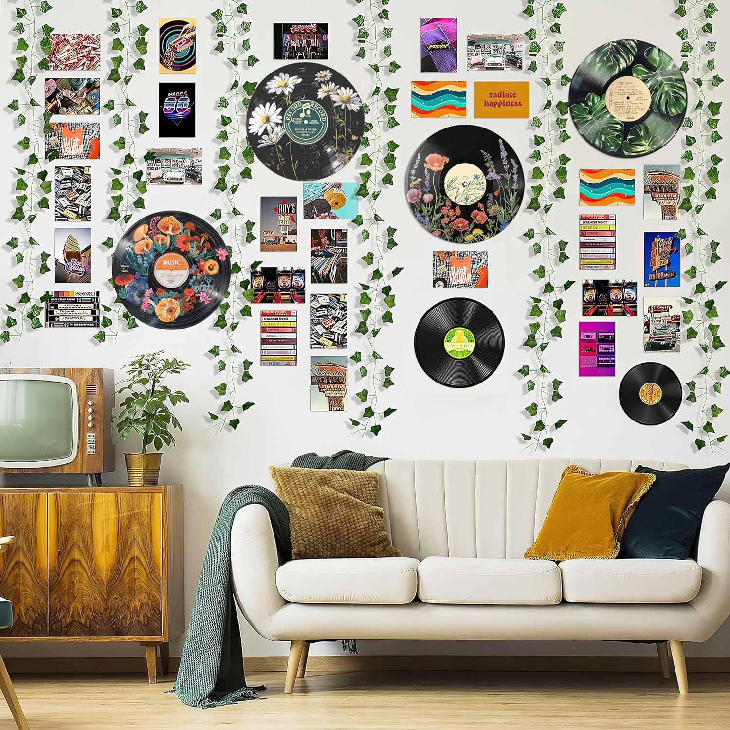 Demonstrates how the vinyl record wall art products can be used to create a vibrant, personalized retro-themed living space, inspiring shoppers to envision…