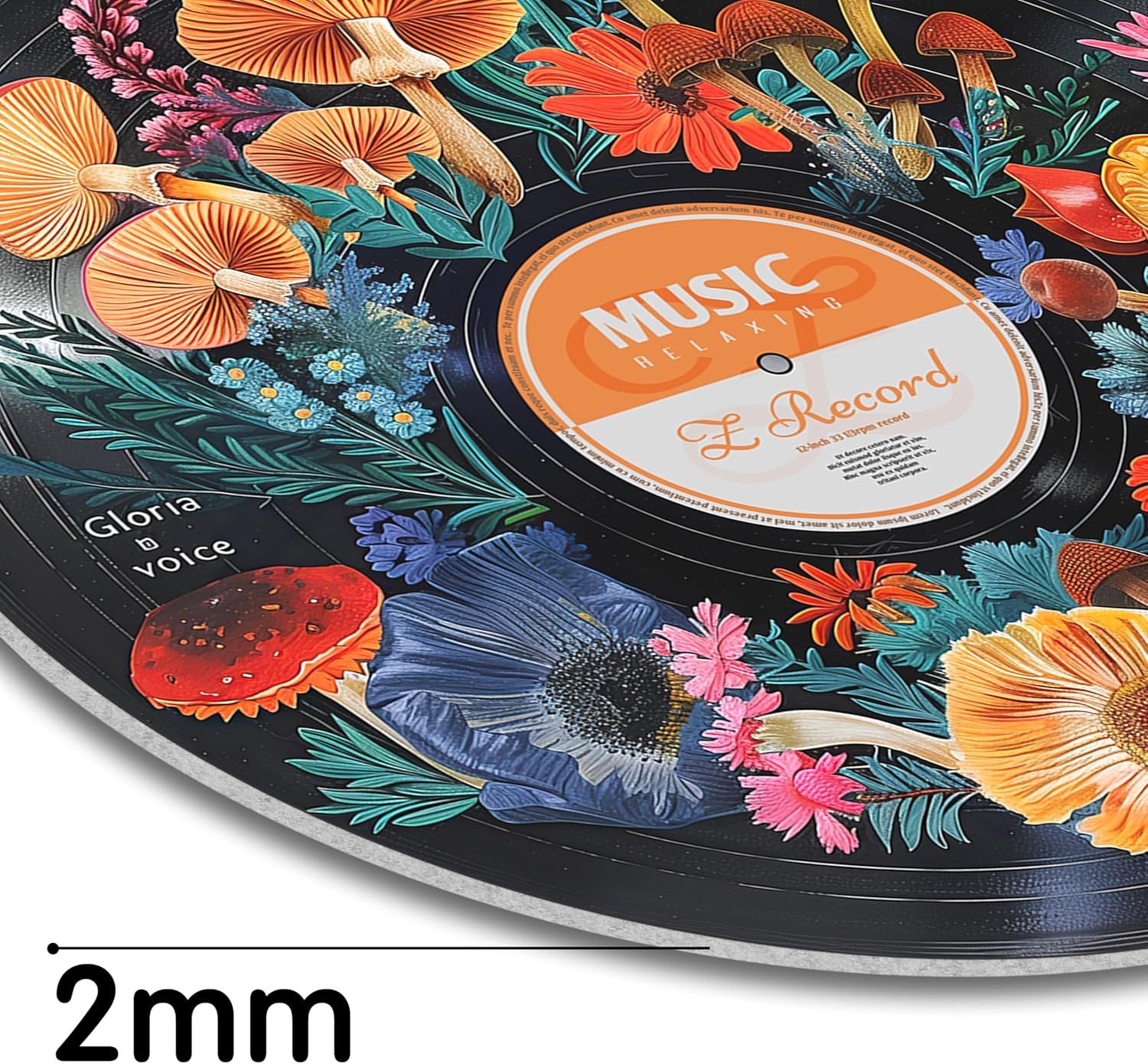 Communicates the physical thickness of the product (2mm) to help shoppers understand the material quality and durability of the vinyl record or mat.