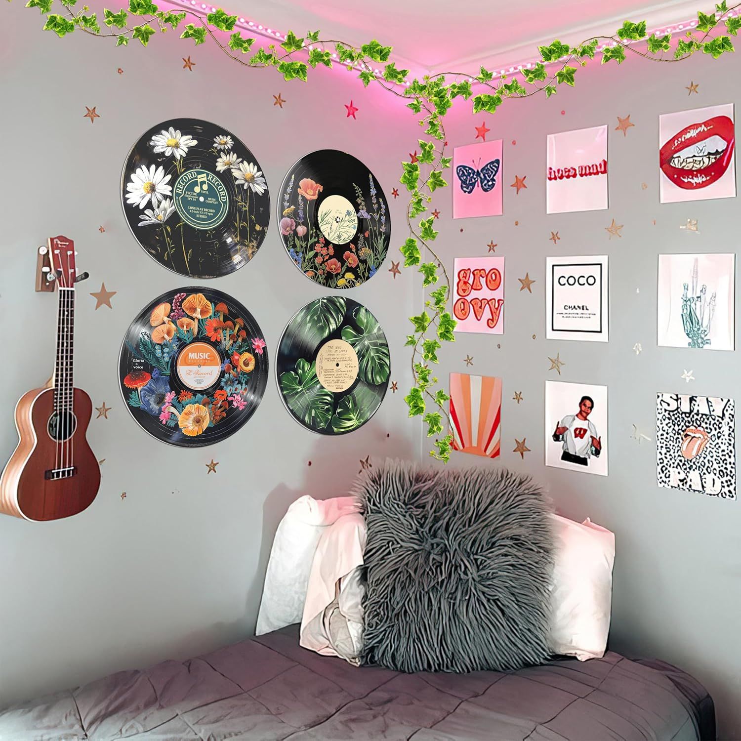 Demonstrates how the product (decorative vinyl records) looks when displayed in a real bedroom setting, helping shoppers visualize the aesthetic appeal and…