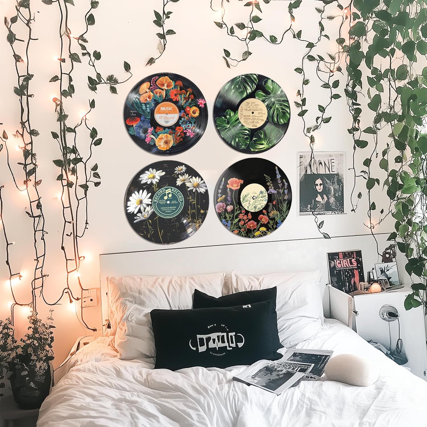 Demonstrates how the product (decorative vinyl records) can be styled in a real-world bedroom setting to inspire shoppers with aesthetic and decorating ideas.