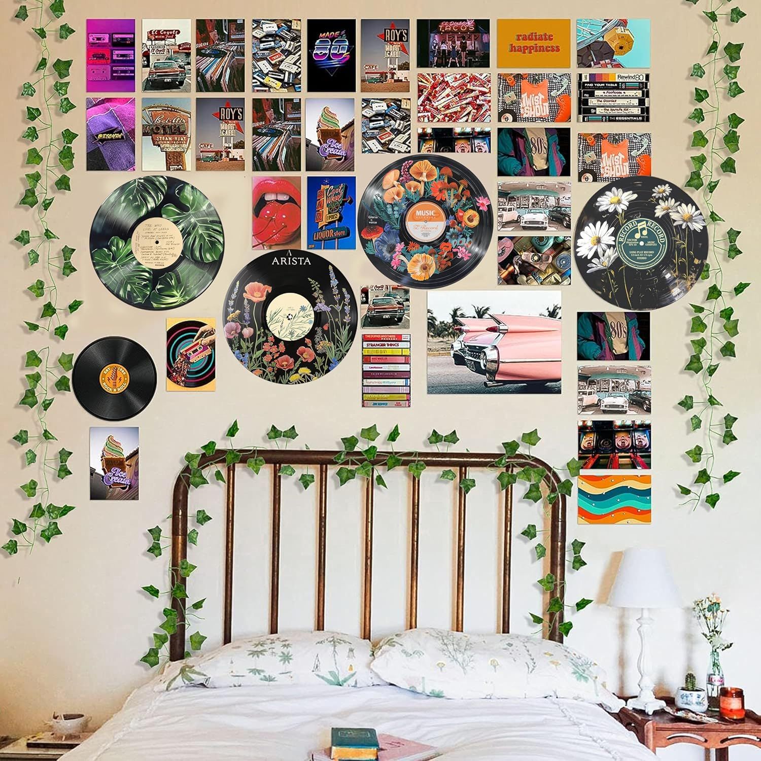 Demonstrates how the product (vinyl records and prints) can be used as decorative wall art in a real-world bedroom setting, inspiring shoppers with styling…