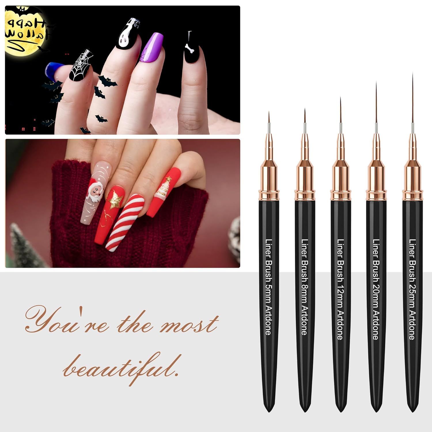 Shows the customer exactly what they receive in the kit—five precision liner brushes in varying tip sizes for detailed nail art—helping them understand the product's versatility and value.…
