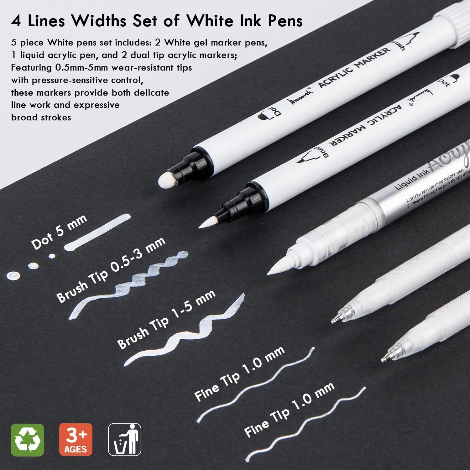 Shows the complete set of white ink pens included in the package, demonstrating the variety of tip sizes and pen types the customer receives. Highlights multiple benefits including the range of line…