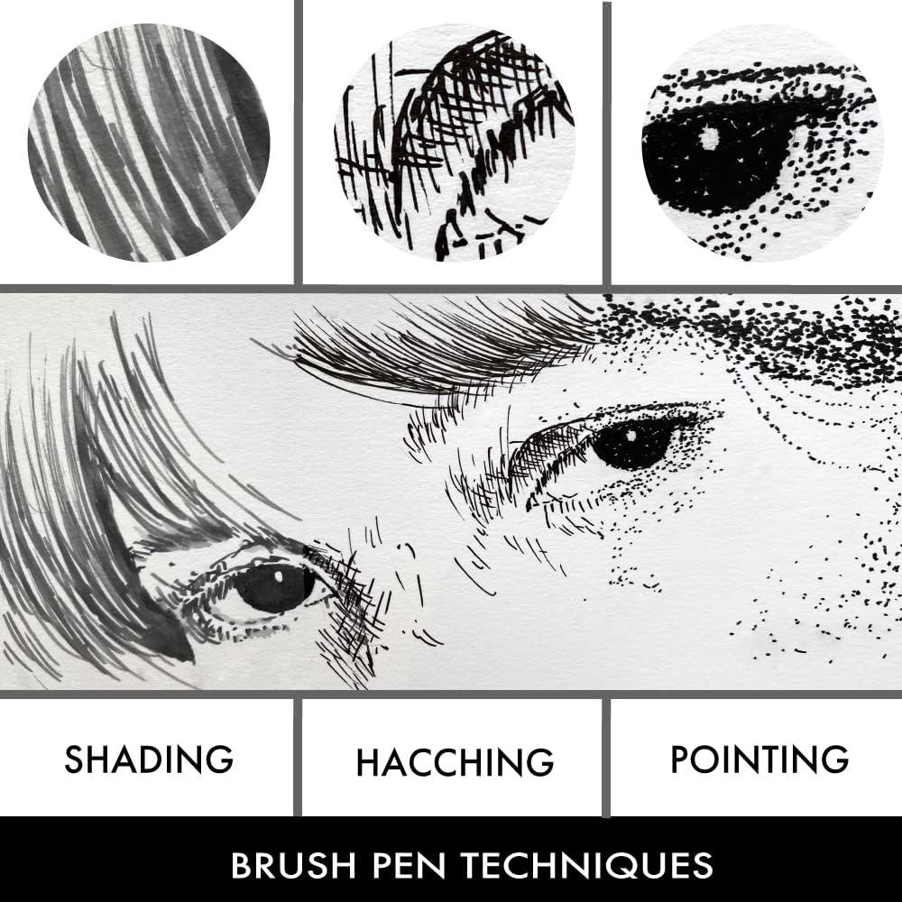 Demonstrates three distinct brush pen techniques (shading, hacching, and pointing) to educate shoppers on how to use the product for different artistic effects.