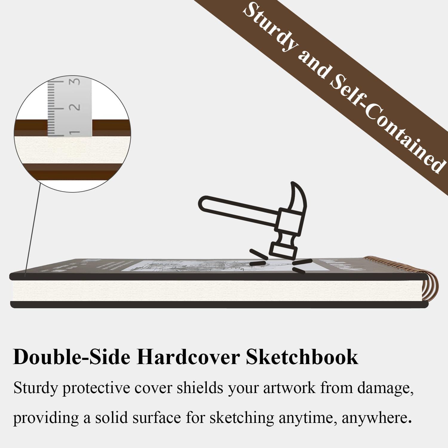 Demonstrates the physical construction and layered structure of the hardcover sketchbook to reassure shoppers of its durability and protective qualities. Highlights the sturdy, self-contained…
