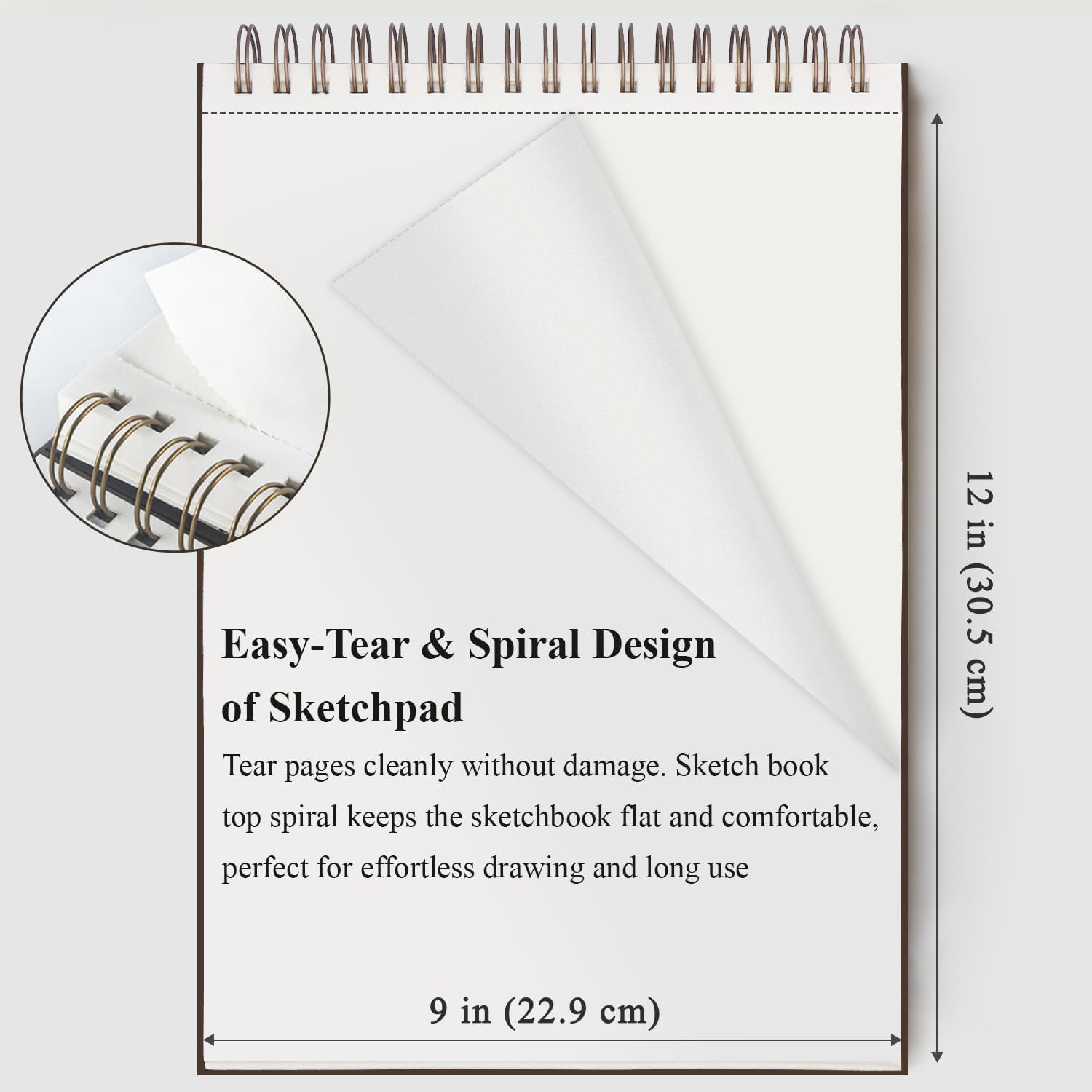 Communicates the exact physical size of the sketchpad (12 x 9 inches) to help shoppers understand if it fits their needs. Highlights the easy-tear perforated pages and top spiral binding as key…