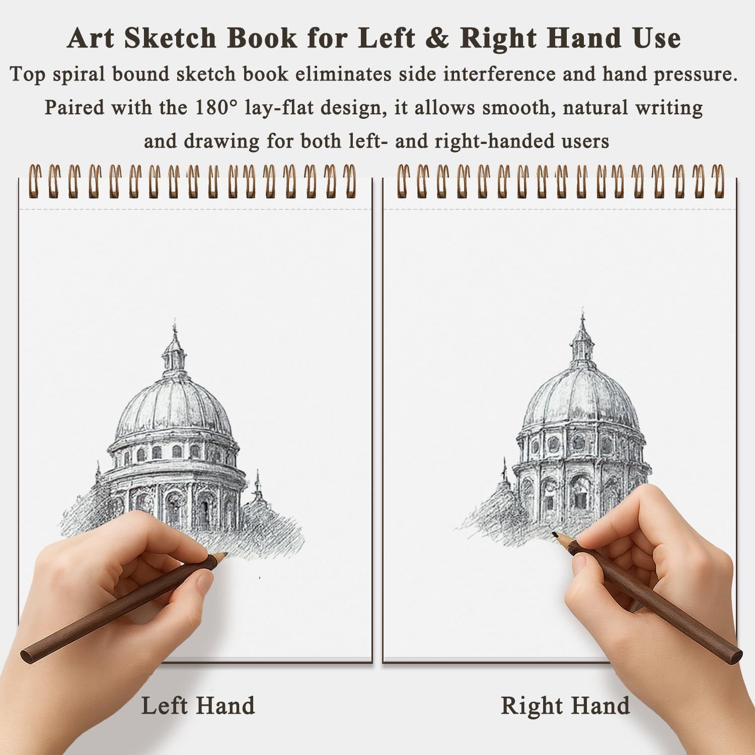 Demonstrates that the sketch book's top spiral binding and lay-flat design allows comfortable use for both left-handed and right-handed artists, eliminating hand interference and pressure.