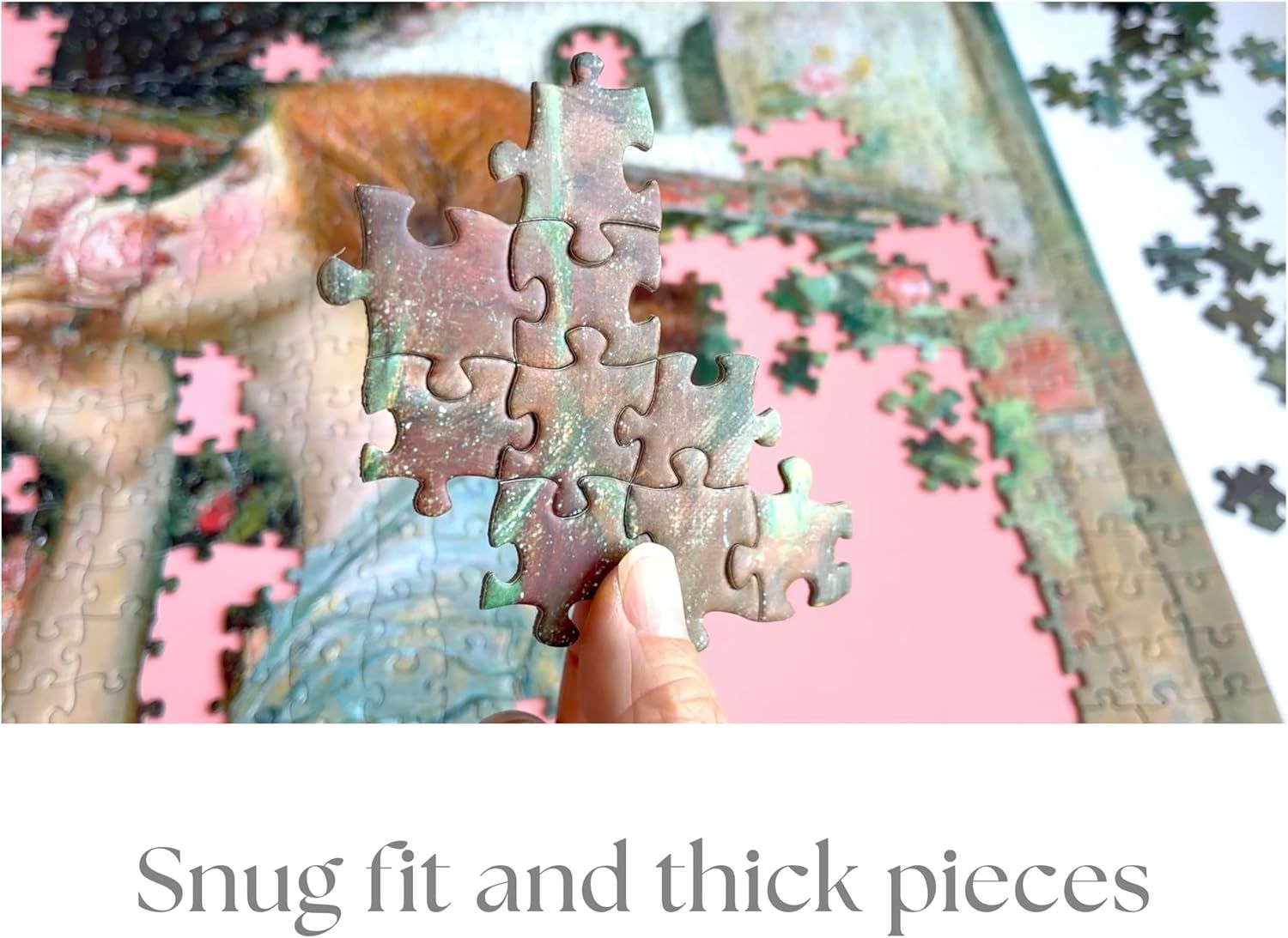 Highlights the quality construction of the puzzle pieces, emphasizing that they fit together snugly and are made with thick, durable material to reassure shoppers of product quality.