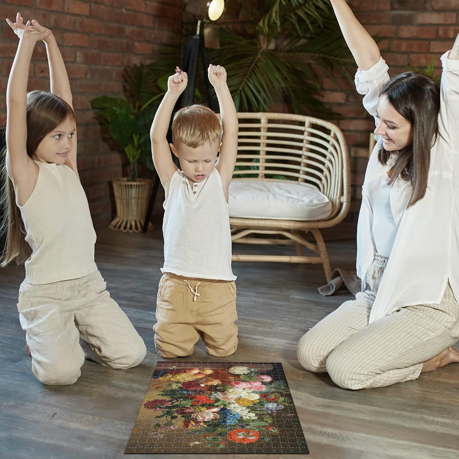 Demonstrates the product being used in a real-world home setting with a family, showing it as an engaging activity for parents and children together.