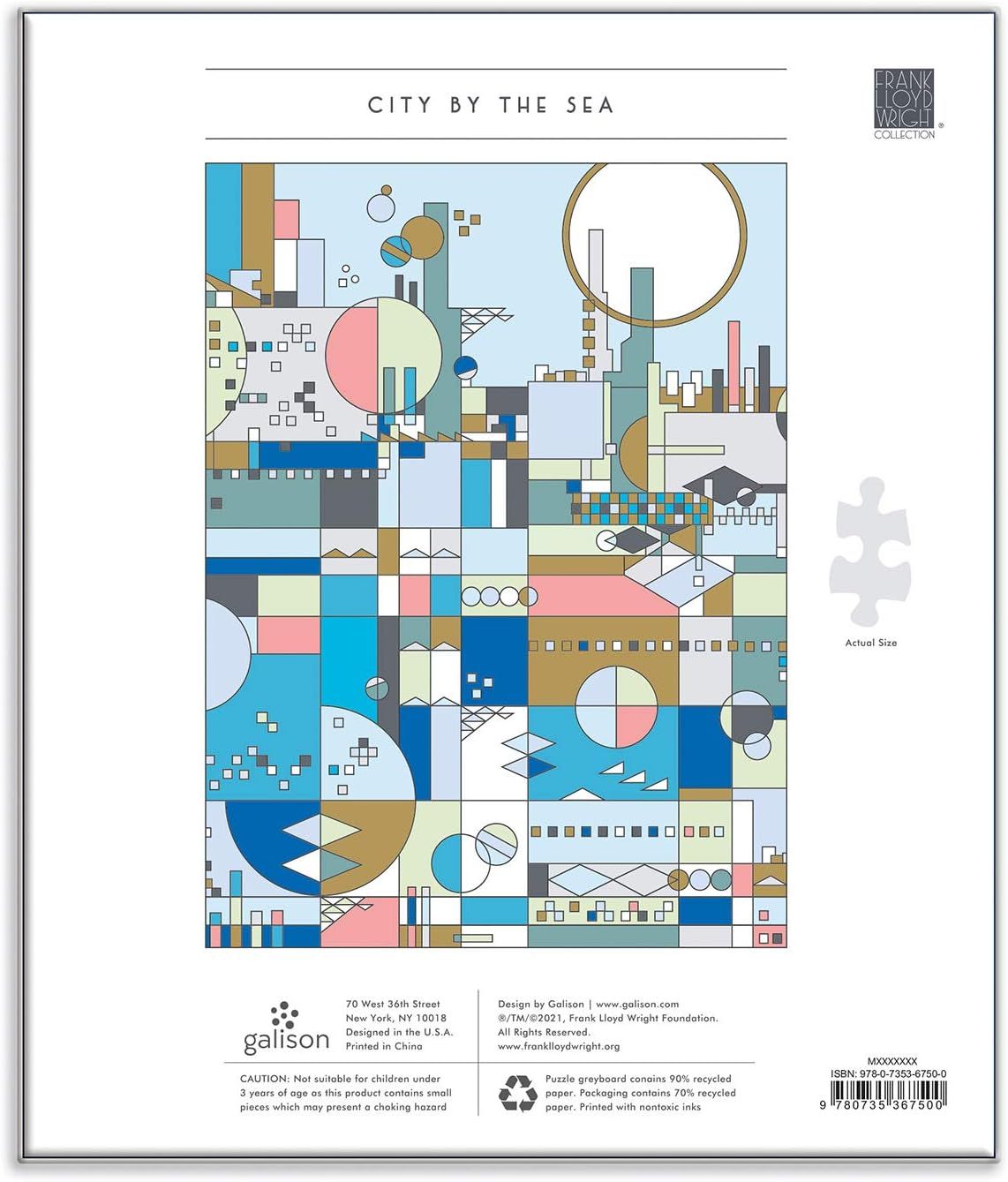 Shows the complete puzzle design and provides a size reference via the puzzle piece icon to help shoppers understand what they will receive and the scale of the finished product.