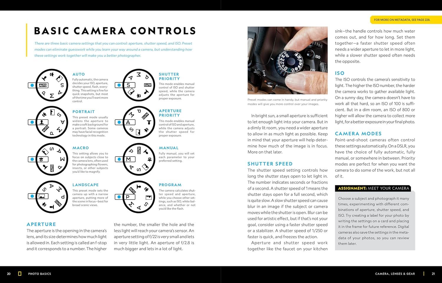 This educational image teaches shoppers how to use basic camera controls and settings, explaining aperture, shutter speed, ISO, and various camera modes to help users understand camera operation and…