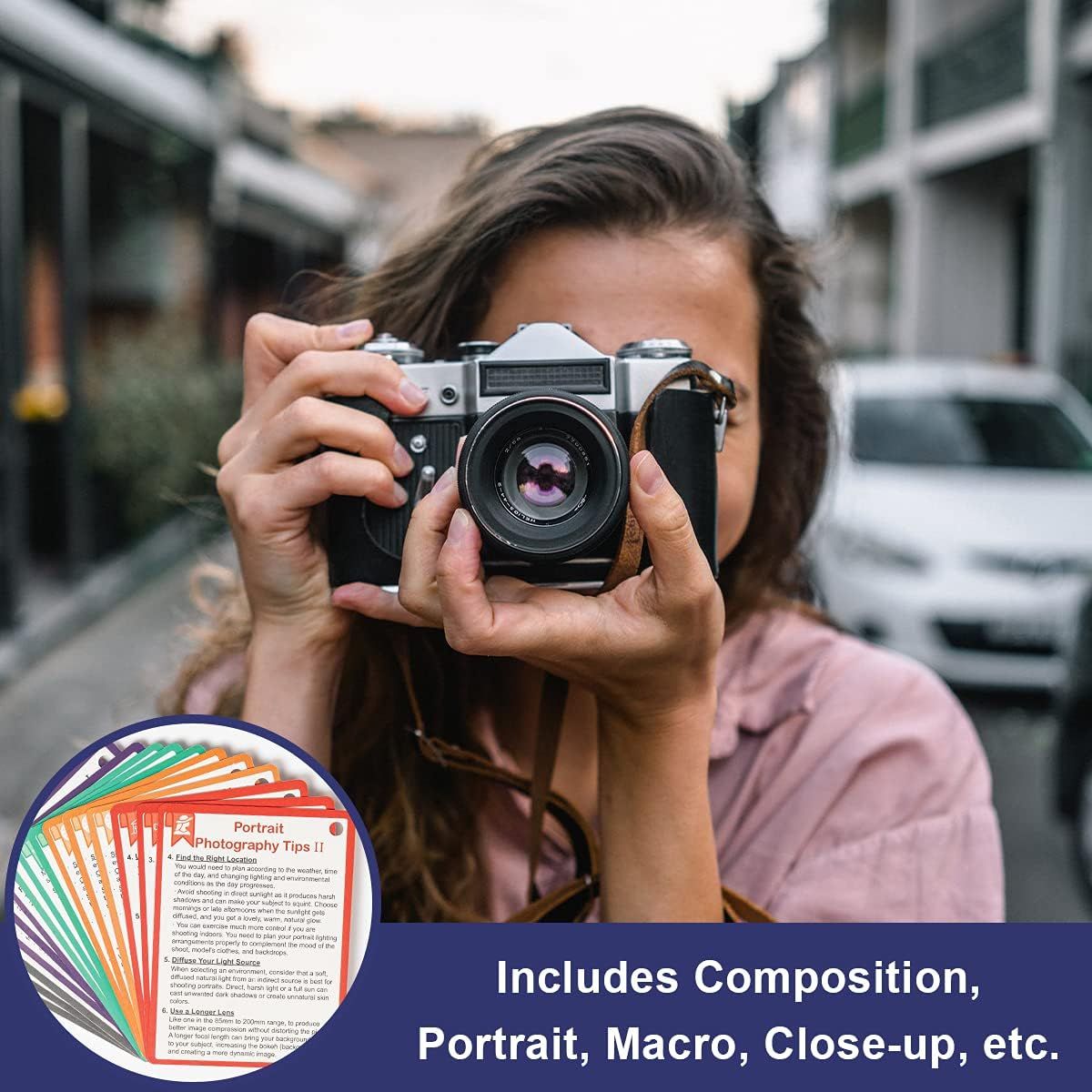 Shows what's included with the product purchase—a set of photography tip cards covering composition, portrait, macro, and close-up techniques—to reassure shoppers of the educational value and…