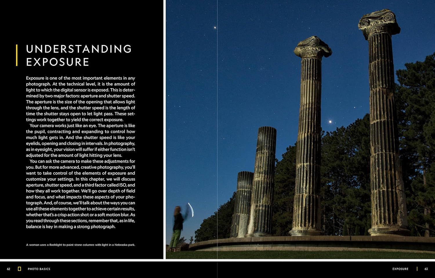 Educates the shopper on understanding camera exposure settings and how to use aperture, shutter speed, and ISO to achieve proper lighting in photography.