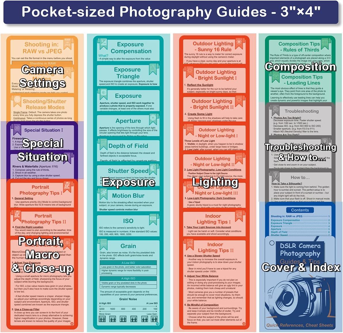 Displays the brand's complete product lineup of pocket-sized photography guides, helping shoppers understand the variety of topics available and choose which guide(s) best fit their needs.