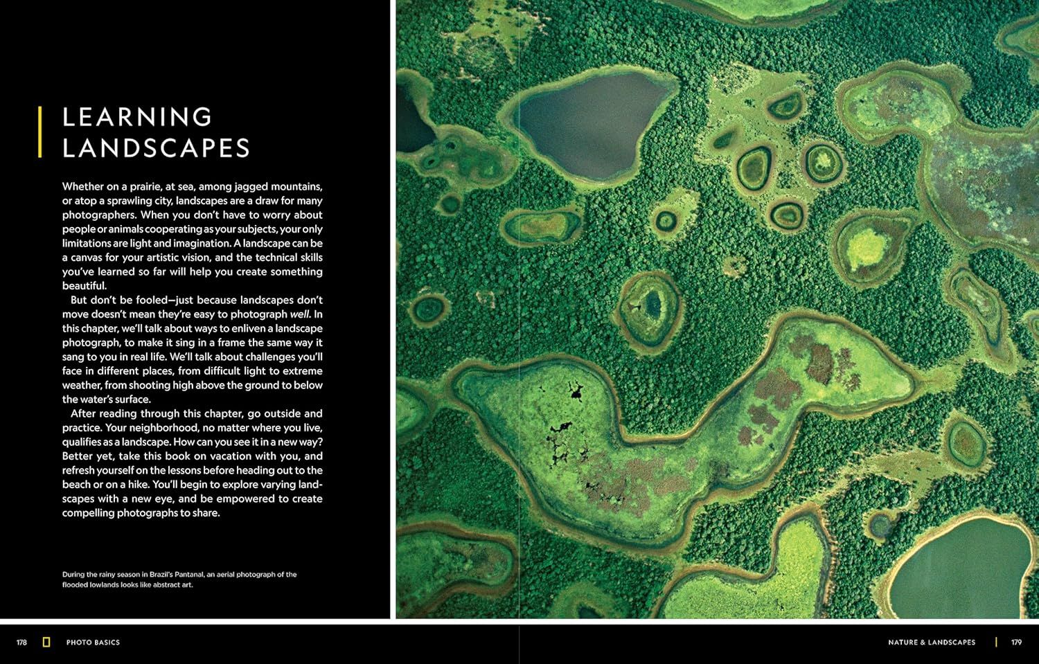 This is a book spread showing an aerial landscape photograph alongside educational text about landscape photography. The image itself contains no text overlay or callouts, making it a pure…