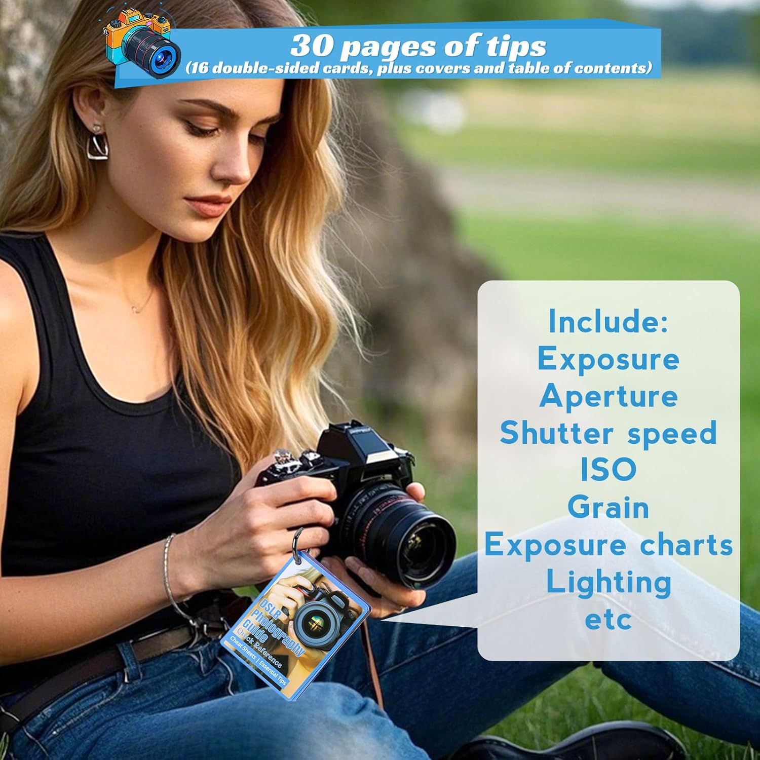 Communicates what the customer receives with their purchase: a comprehensive photography tip card set covering exposure, aperture, shutter speed, ISO, grain, exposure charts, lighting, and more.