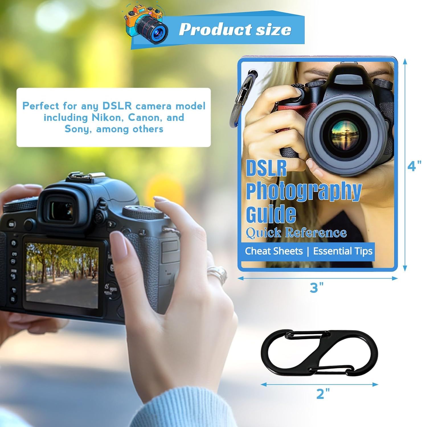 Shows the exact physical dimensions of the DSLR photography guide (4 inches x 3 inches) and included carabiner clip (2 inches) to help shoppers understand the compact, portable size of the product.…