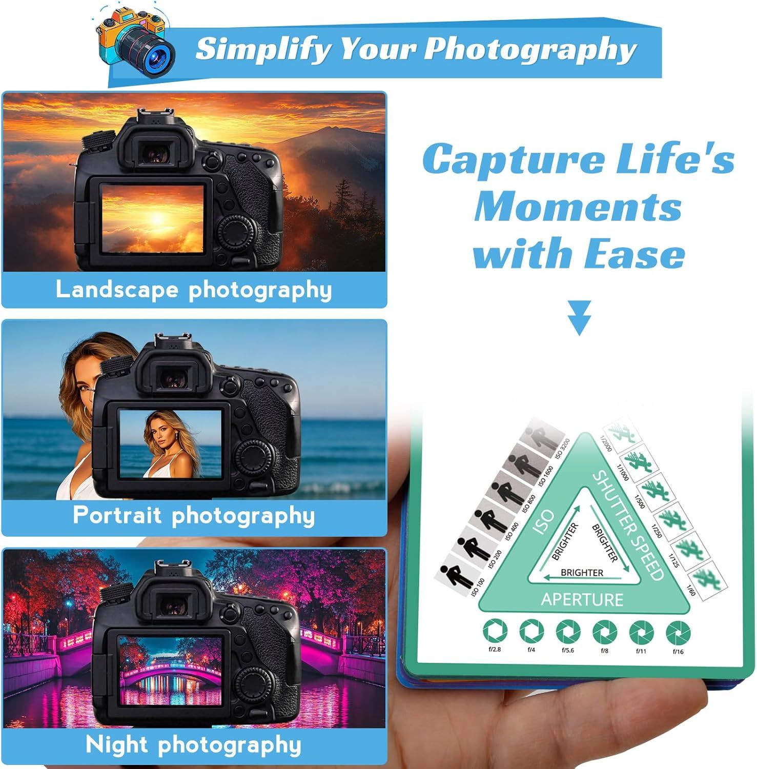 Demonstrates multiple use cases for the camera product, showing it can be used for landscape, portrait, and night photography to communicate versatility and broad functionality. Highlights multiple…