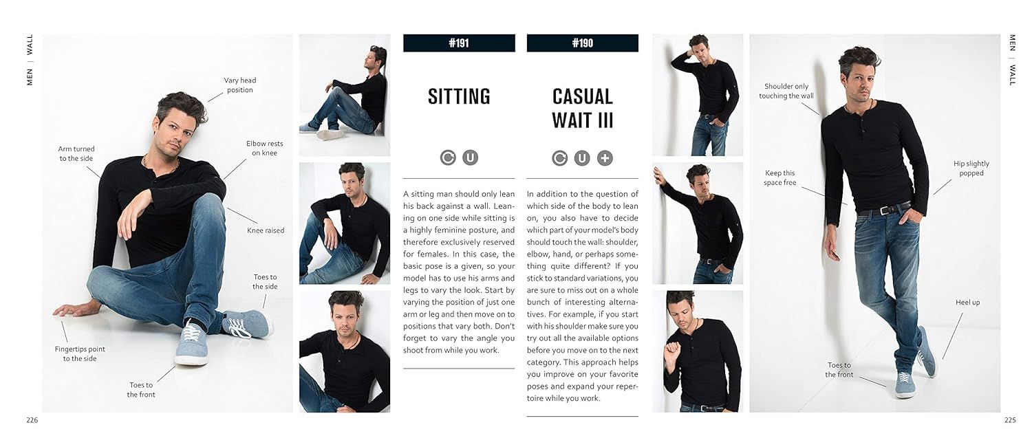 This image provides instructional guidance on how to pose male models in sitting and standing positions, showing multiple variations and body positioning details to help photographers achieve…