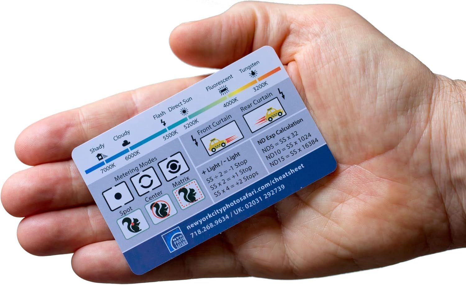 Provides photographers with a portable reference card showing camera settings for different lighting conditions, metering modes, and exposure calculations to help them quickly configure their…