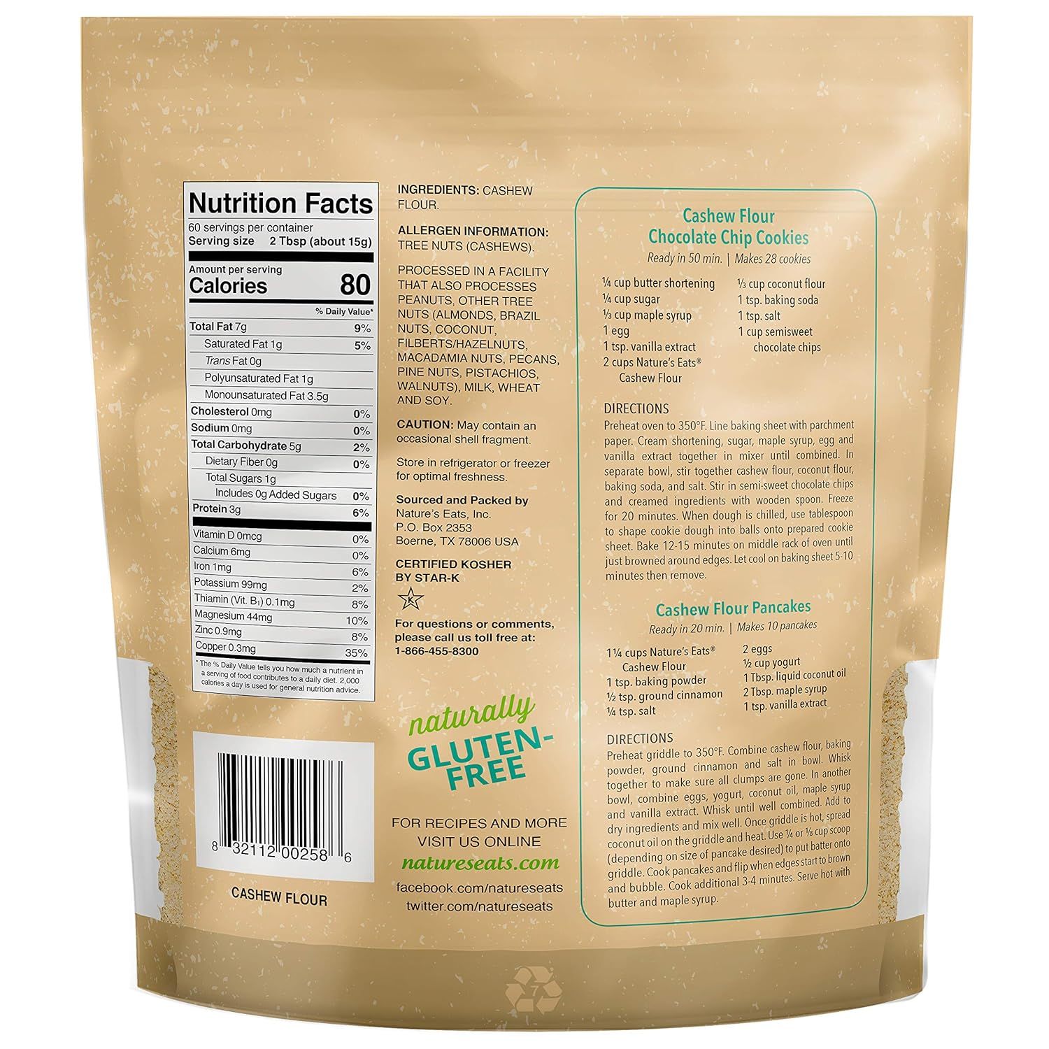 Provides step-by-step recipes for making cashew flour chocolate chip cookies and pancakes, demonstrating how to use the product in practical applications.