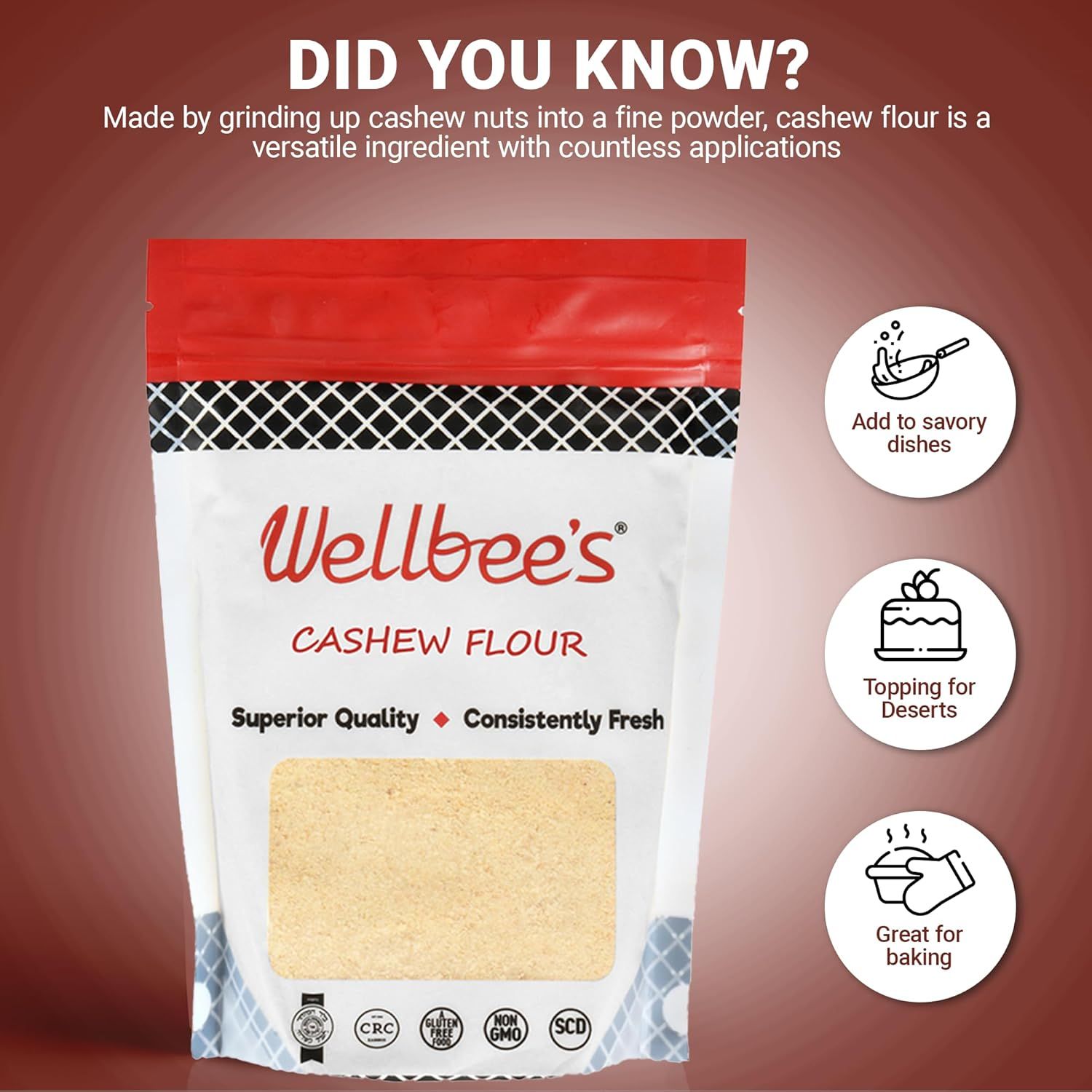 Demonstrates the versatility of cashew flour by showing three distinct culinary applications, helping shoppers understand the product's multiple uses in cooking and baking. Communicates the…
